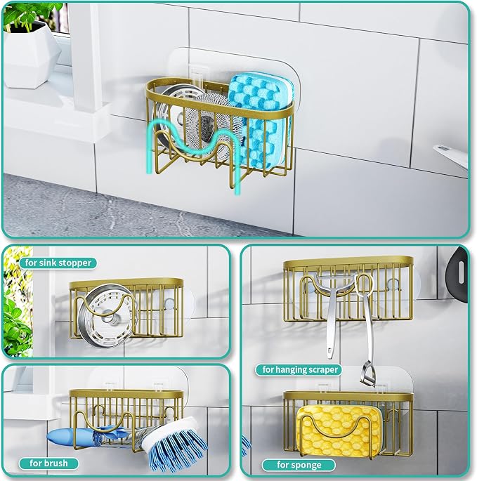 HapiRm Sponge Holder for Kitchen Sink - Unique M-Shaped Sink Caddy | Multifunctional, 2 Installation Ways, Rustproof Stainless Steel Kitchen Organizers and Storage Essentials, Dark Gold