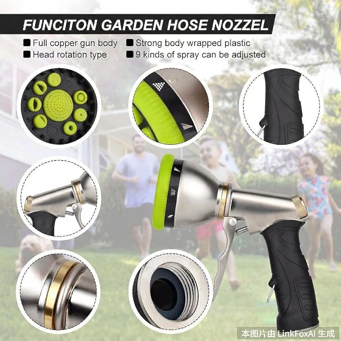 Garden Hose Nozzles,9 Spray Patterns Heavy Duty Metal Hose Sprayer Nozzle | Hose Nozzle Spray High Pressure Slip Resistant Water Sprayer for Plants & Lawns Watering,Car Washing and Pet Showering Green