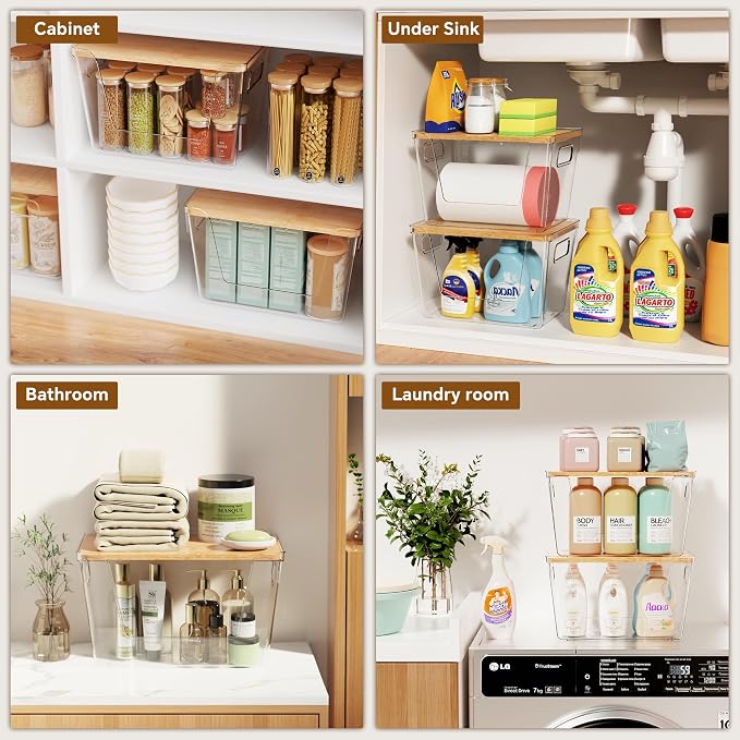 Criusia 4 Set Pantry Organizers and Storage with Bamboo Lids, Stackable Clear Bins for Onion, Potato, Fruit, Vegetables, Trash Bag Dispenser, Kitchen and Under Sink Organizer