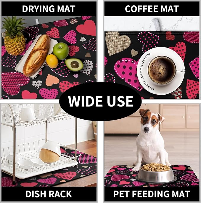 Happy Valentine's Day Kitchen Drying Mats for Dishes 18x24 Inch Love Heart Dish Drying Mat Black Pink Polka Dots Dish Drainer Mat Super Absorbent Dish Rack Pad for Coffee Bar Sinks