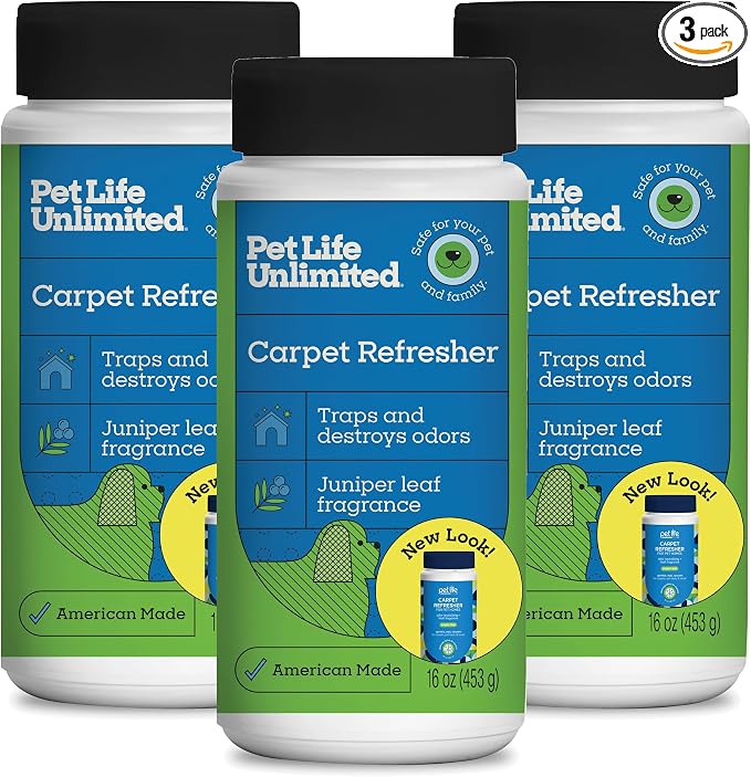 Pet Life Unlimited Carpet Deodorizer Powder, 16 oz, Strong Pet Odor Eliminator & Carpet Freshener, Plant-Based Juniper Leaf Scent, Pet Safe (Pack of 3)