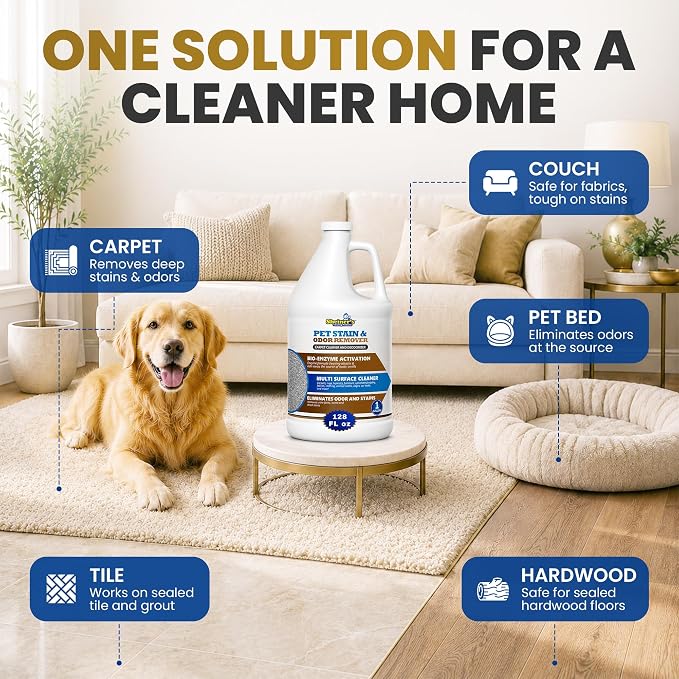 Sheiner's Pet Urine Enzyme Cleaner & Pet Stain & Odor Remover, Advanced Enzymatic Cleaner Solution for Carpets, Rugs, Upholstery & Multi-Surfaces, Safe for Pets & Kids. (128 oz)
