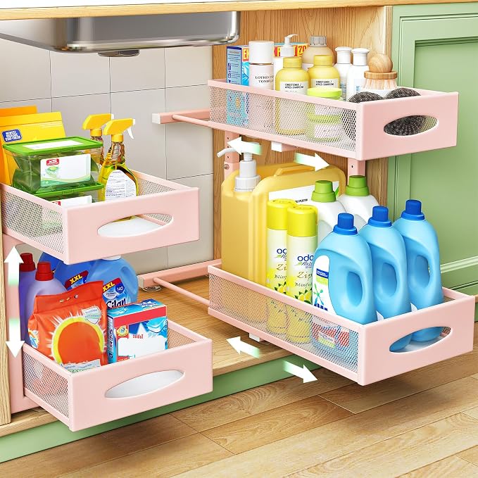 2 Pack Under Sink Organizer, 2 Tier Pull out Cabinet Organizer Mesh Baskets with 5 Adjustable Heights, Sliding Drawers Storage Shelf for Home, Kitchen, Bathroom, Pantry, Office, Countertop ,Pink