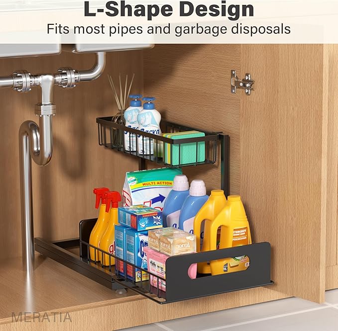 Sturdy Metal Under Sink Organizer 2 Tier, Pull Out Drawer Slides Under Sink Storage for Bathroom Kitchen, Multi-Purpose Iron Under Cabinet Organizer for Cleaning Supplies (Black, 2 Pack)