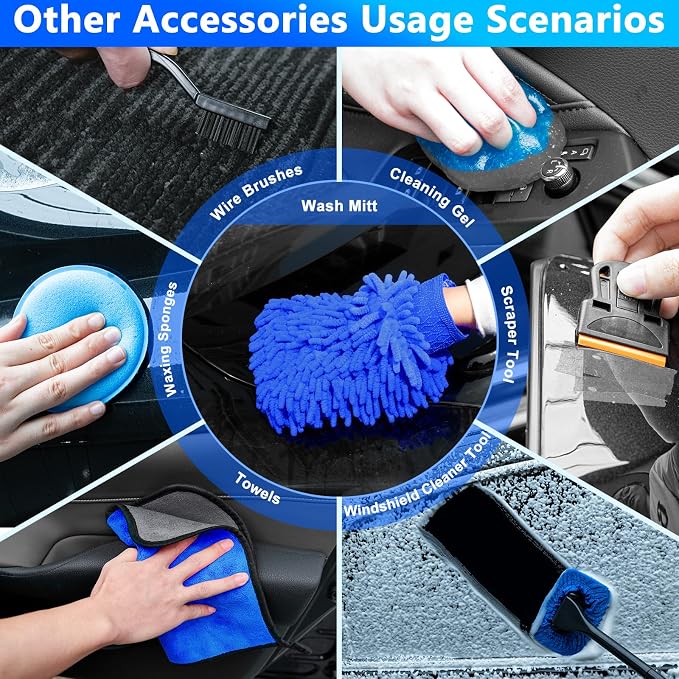 THINKWORK Car Wash Kit with Foam Gun, Extendable Mop & Collapsible Bucket | Adjustable Spray, Complete Car Detailing Kit, Soft Microfiber, Scratch-Free Paint Protection, Car & Home Use, Great Gift