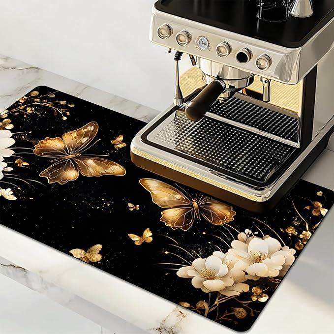 Dish Drying Mat Large Coffee Mat Absorbent Drying Mat for Kitchen Counter Coffee Bar Accessories 32"x 17", Gold Butterfly