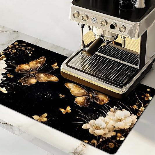 Dish Drying Mat Large Coffee Mat Absorbent Drying Mat for Kitchen Counter Coffee Bar Accessories 32"x 17", Gold Butterfly