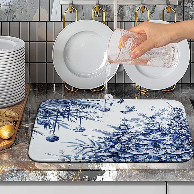 Christmas Tree Dish Drying Mat for Kitchen Counter 16x18 Inch Blue White Chinoiserie Winter Xmas Holiday Drying Mats Microfiber Absorbent Dish Draining Reusable Dish Drainer Pad
