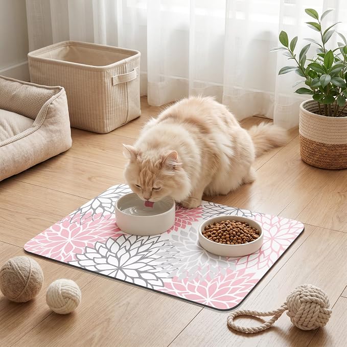 Findosom Dish Drying Mat, 12" x 20" Super Absorbent Dish Mat with Floral, Hide Stain Drying Mat for Kitchen Counter, Under Dish Rack, Coffee Maker, Espresso Machine, Pink