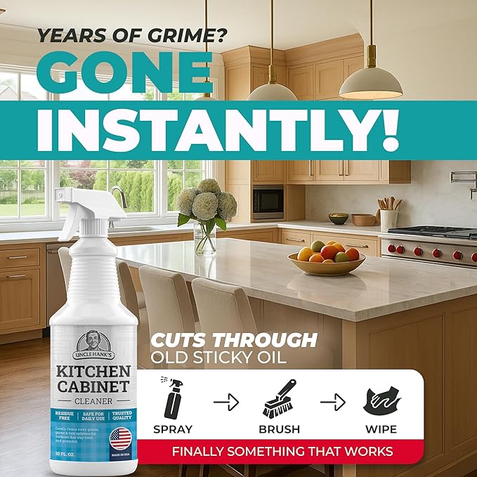 Kitchen Cabinet Cleaner – Gentle, Residue-Free and Effective Everyday Degreaser & Grime Remover for Wood, Painted and Finished Furniture - Complete with Cleaning Brush & Cabinet Cleaner Spray 32oz