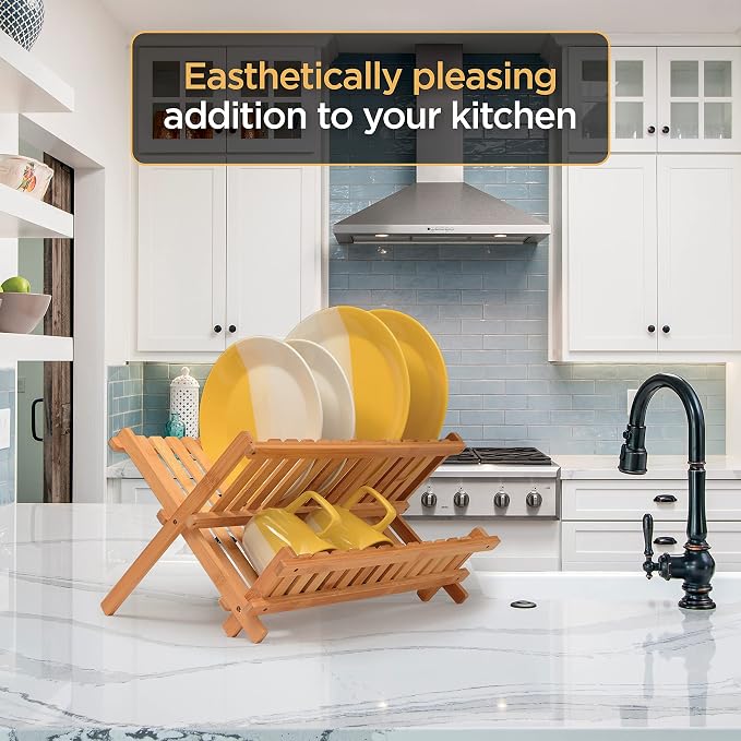 Collapsible Dish Drying Rack 2-Tier Bamboo Dish Drainer for Kitchen Counter | Foldable Wooden Dish Rack, Small Kitchen Drying Rack, Dish Strainer, Holds Plates Cups Bowls Utensils, No Assembly