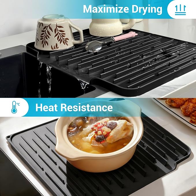 Foldable Silicone Dish Drying Mat for Kitchen Counter & Sink - Quick Dry, Space Saving, Non-Slip Pad for Small Apartments & Coffee Bar Black