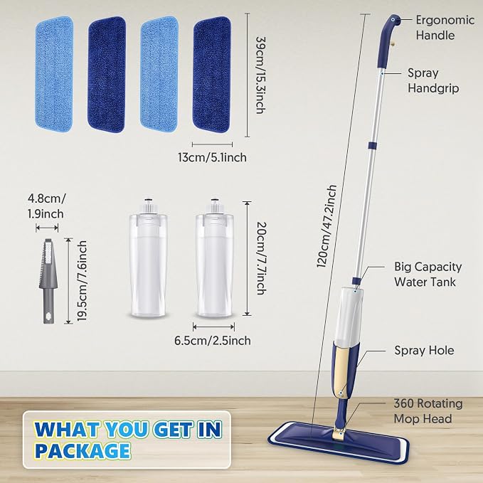 Spray Mops for Floor Cleaning: MEXERRIS Wet Jet Mops for Hardwood Wood Tile Laminate Vinyl - Floor Flat Mop with 4 Washable Pads for Swiffer Powermop & 2 Refillable Bottles Home Commercial Mop