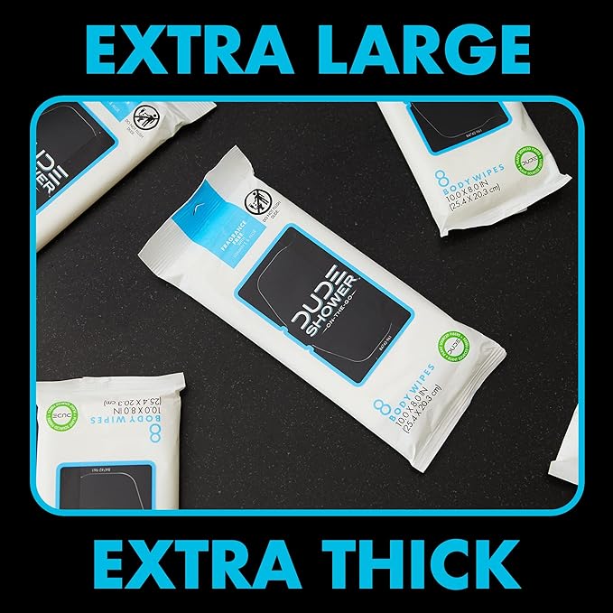 DUDE Wipes Fragrance Free On-The-Go Shower Wipes - Extra-Large and Thick Cleansing Body-Wipes for Travel - Infused with Vitamin E and Aloe, 8 Count (Pack of 6)
