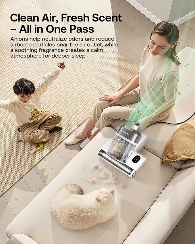 Trucozie Mattress Vacuum Cleaner with 275nm UV-C Light & 149℉ Heat, 16Kpa Powerful Suction Bed Vacuum for Pet Hair & Dander, Smart Dust Sensor, Anion & Aromatherapy, Corded for Bed, Sofa, Couch, White