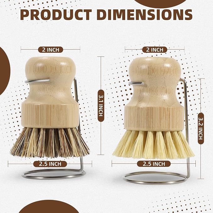 SAMEBUTECO 6-Piece Bamboo Dish Brush Set with 2X Fast-Dry Stainless Steel Holder,3xNatural Sisal Bristle Brush & 1xPalm Bristle Kitchen Cleaning Brushes for Dishes, Pots, Pans & Sink