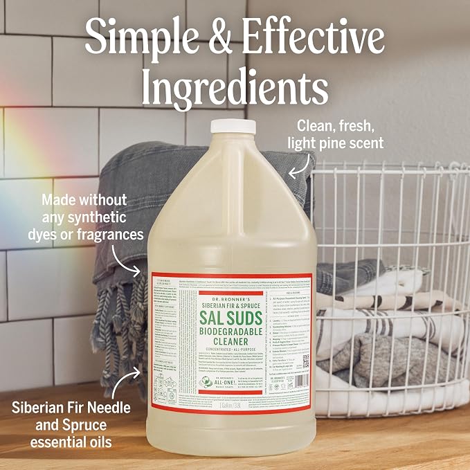 Dr. Bronner's Sal Suds Biodegradable Cleaner (Fir & Spruce, 1 Gallon) – All-Purpose Pine Mop Soap & Detergent for Floors, Multi-Purpose Household Formula, Dish Degreaser & Laundry Use