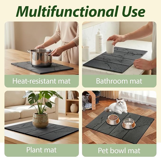 Large Stone Drying Mat for Kitchen Counter, 24"x16" Collapsible Quick Dry Dish Drying Mat, Water-Absorbent Marble Diatomaceous Earth Mats for Bottles Cups Dishes, Match Any Countertop