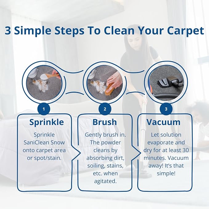 SaniClean Dry Carpet & Rug Cleaning Powder – Deep Cleans, Spill Cleanup, Spot & Stain Remover, Pet Mess | Brush In, Vacuum Out | For Large Areas Or Spot Treatment | No Harsh Chemicals