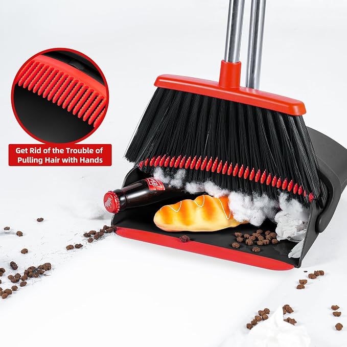 BSKLIN Broom and Dustpan Set for Home, 52" Long Handle Standing Broom Set with Dustpan Self-Cleaning Teeth for Hair Removal Heavy Duty Indoor Outdoor Sweeping Kit for Kitchen Garage (Black)