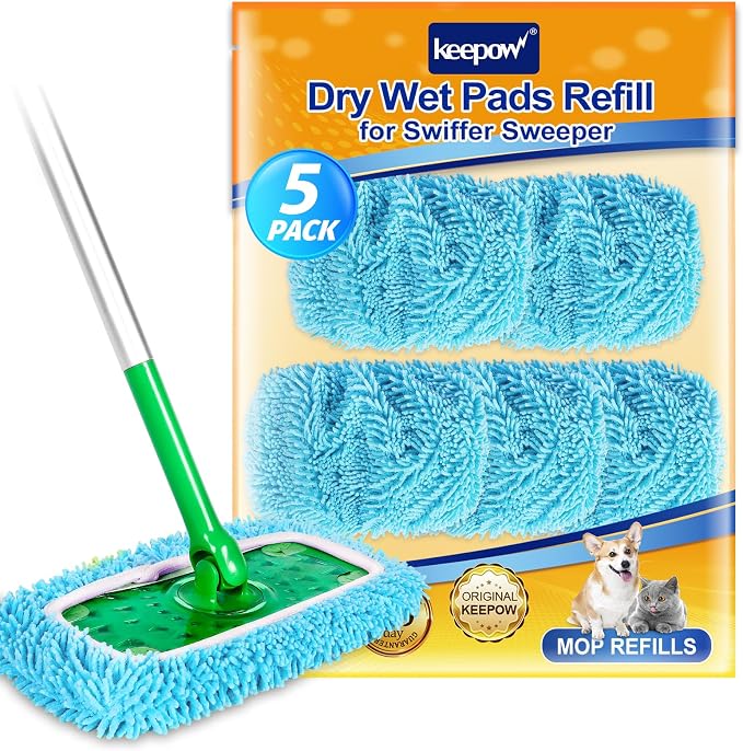 KEEPOW Reusable Microfiber Mop Pads Compatible with Sweeper Mop Replacement Wet Mopping Pad Refills Washable Dry Sweeping Cloths for Hardwood Floor Cleaning Chenille Refill Pads, 5 PCS