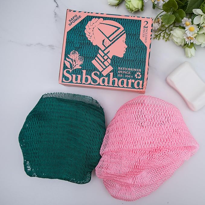SubSahara Authentic African Net Sponge - 2 Pack Exfoliating Bath & Shower Loofah Sponge for Body & Face, Gentle Scrubber for All Skin Types, Travel, Durable (Ligh Pink & Teal)