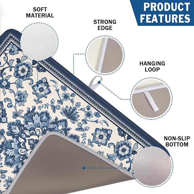 Blue Floral Dish Drying Mat for Kitchen Counter Vintage Flower Pattern Microfiber Dish Drainer Mat Rustic Farmhouse Absorbent Washable Drying Pad Extra Large 18"x24"