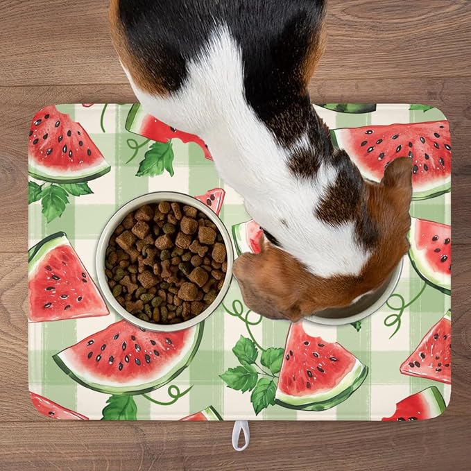Summer Dish Drying Mat for Kitchen Counter Watercolor Watermelon Green Buffalo Plaid Microfiber Dish Drainer Mat Rustic Absorbent Washable Drying Pad Extra Large 18"x24"