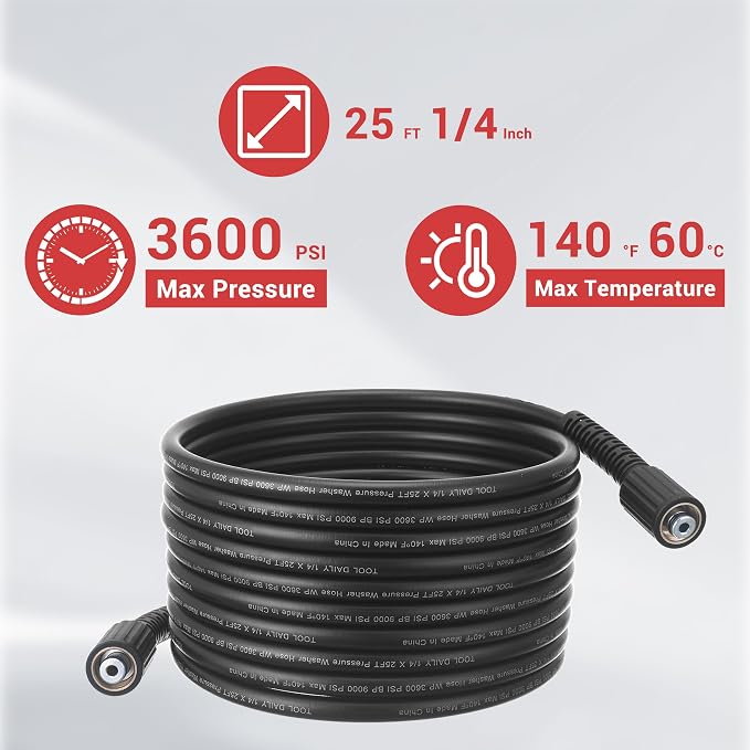 Tool Daily Pressure Washer Gun and Hose Kit, 25 FT Power Washer Hose | M22-14 Fitting, Replacement Wand Extension, 5 Spray Nozzle Tips with Holder, 3600 PSI