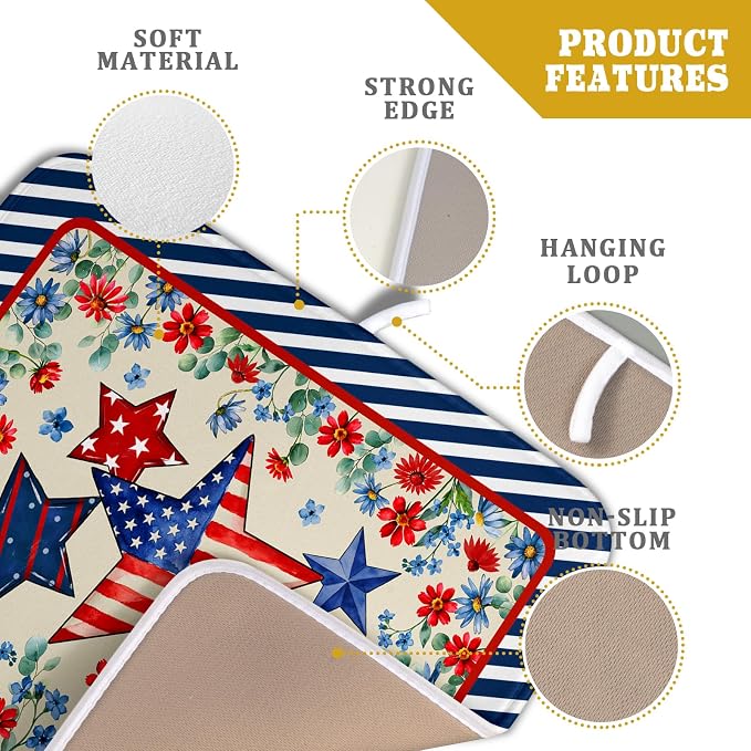 Patriotic Stars Dish Drying Mat for Kitchen Counter 4th of July Holiday Absorbent Reversible Microfiber Dish Pad Small