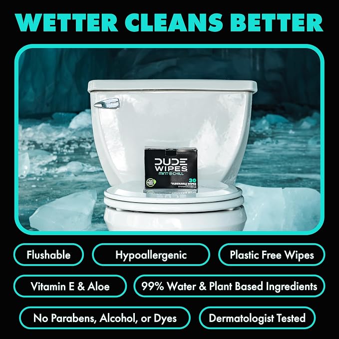 DUDE Wipes On-The-Go Mint Chill Travel Wipes - 30 Count (Individually Wrapped) - Extra-Large Adult Flushable Wipes - Infused with Tea Tree Oil, Vitamin E, and Aloe - Septic and Sewer Safe