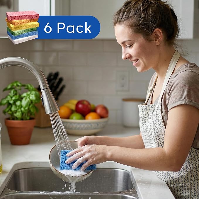 ARCLIBER Cellulose Sponges,Heavy Duty Scrub Kitchen Sponge No Scratching,Pop Up Eco DIY (6 Pack)