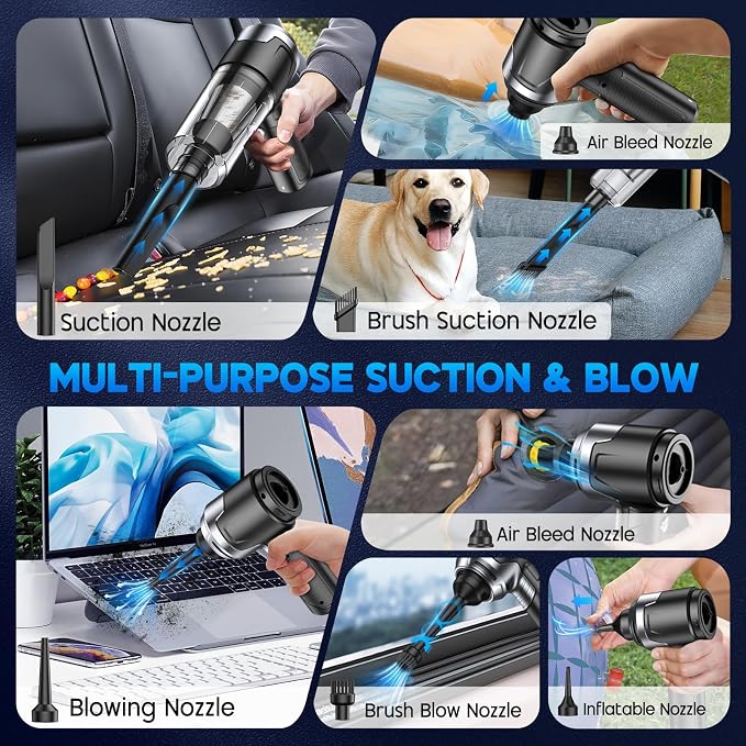 KMM Handheld Car Vacuum Cleaner, 10000PA Hand Held Vacuum & Air Duster | 120W High Power, Portable Cordless, Rechargeable with Multi-Nozzles & LED Light for Home, Car, Office