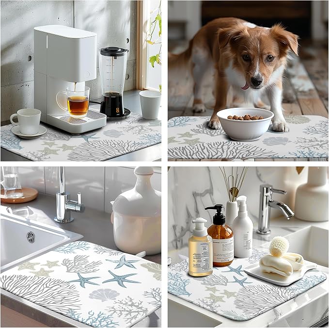 Coastal Dish Drying Mats for Kitchen Counter 18 x 24 Inch Summer Beach Drying Mat Coral Starfish Nautical Dish Rack Mat Ocean Themed Microfiber Absorbent Dish Drying Pad with Hanging Loop
