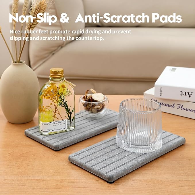 Razborci 2PCS Instant Dry Diatomite Stone Counter Makeup Tray Organizer, Fast Drying Caddy Kitchen Sponge Holder Mat, Bathroom Vanity Toothbrush Bottle Dispenser Soap Dish Rack, Light Gray, 8"x 3.8"