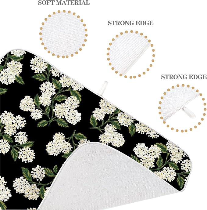 Black Dish Drying Mat 18x24 Inch Green Vintage Floral Hydrangea Flower Drying Mat Spring Summer Seasonal Absorbent Dish Drying Pad Dish Rack Drainer Mats for Kitchen Dining Counter
