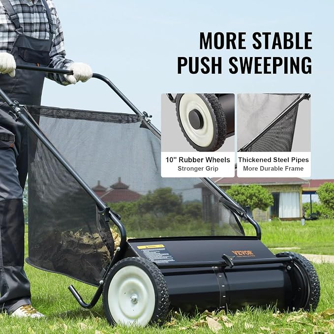 26 Inch Lawn Sweeper Push Hand Powered for Leaves, Grass Clippings & Yard Debris, 4 High-Speed Brushes & Large 7 cu ft Hopper Bag | Adjustable Height, ABS+Steel Frame (26 Inch Black2)