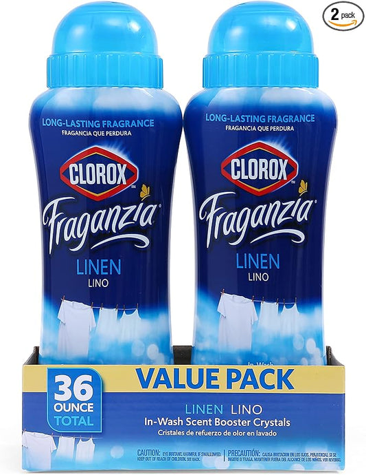 Clorox Fraganzia Laundry Scent Booster Crystals, In-Wash Fragrance Beads for Fresh-Smelling Clothes & Linens, Safe for All Fabrics & Colors, Linen Scent, 18 Oz, 2 Pack