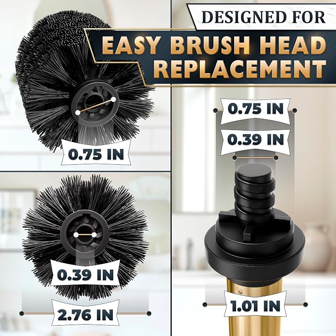 2 PCS Gold Toilet Brush and Holder Set - Brushed Stainless Steel Gold Toilet Bowl Brush and Holder with Replacable Head, Removable Inner Bowl, and Splash Protection - Dense Bristles for Cleaning