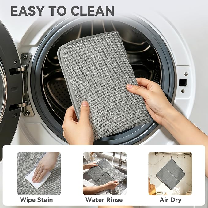 YDKGL Dish Drying Mat for Kitchen Counter, Ultra Absorbent & Fast Drying Dish Mat Machine Washable Foldable Drying Pad for Countertops, Sinks, Draining Racks, Grey