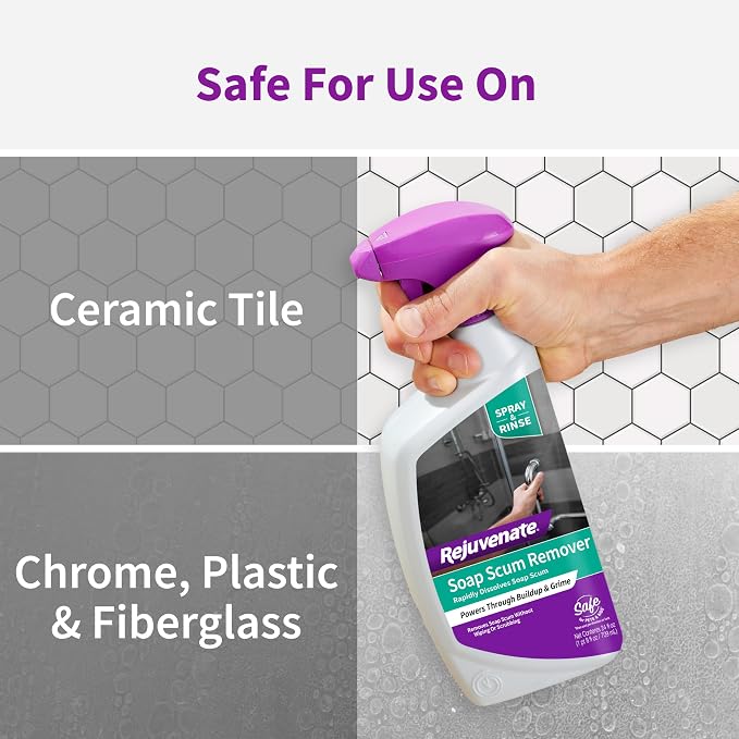 Rejuvenate Soap Scum Remover, 24 Ounces, Easily Dissolves Soap Scum Without Scrubbing | Gentle For Daily Use, Non-Bleach Formula is Safe on Glass Showers, Ceramic Tile, Chrome & More, Safe For Pets & Kids