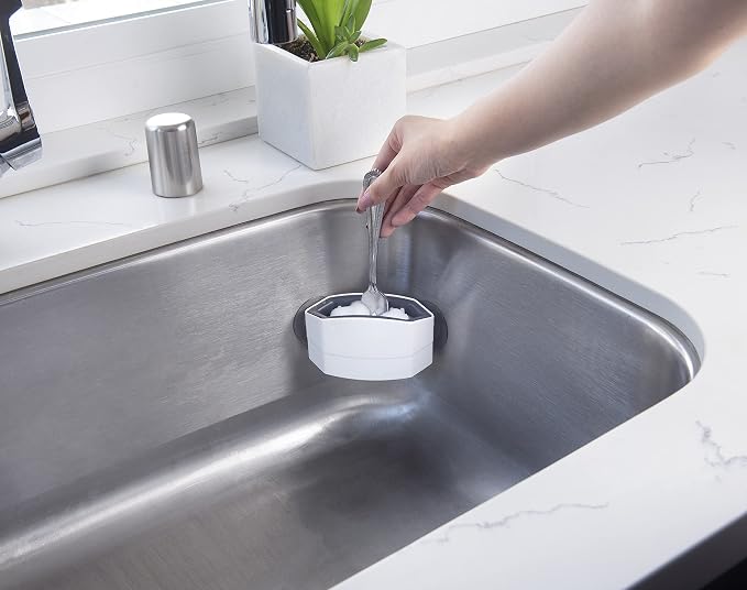 Cutlery Cleaner Brush, Suctioned in-Sink Silverware Scrubber, Non-Scratch Bristles, Easily Clean Utensils and Sharp Knives, Convenient Kitchen Gadget, White