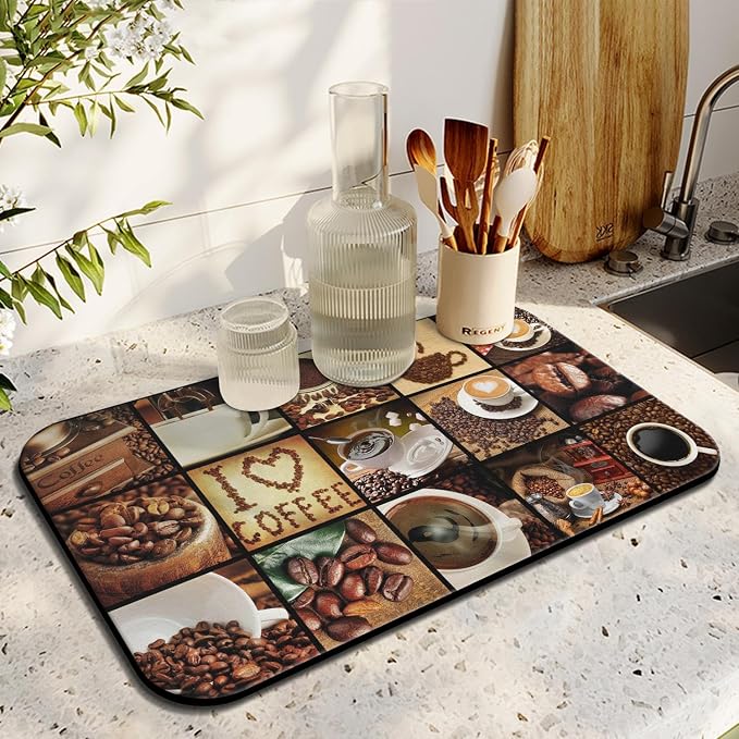 Fun Coffee Mat 19inx12in,Coffee Bar Mat for Countertops,Absorbent Hide Stain Anti-Slip Coffee Bar Accessories Fit Under Coffee Machine Mat,dish Drying Mats for Kitchen