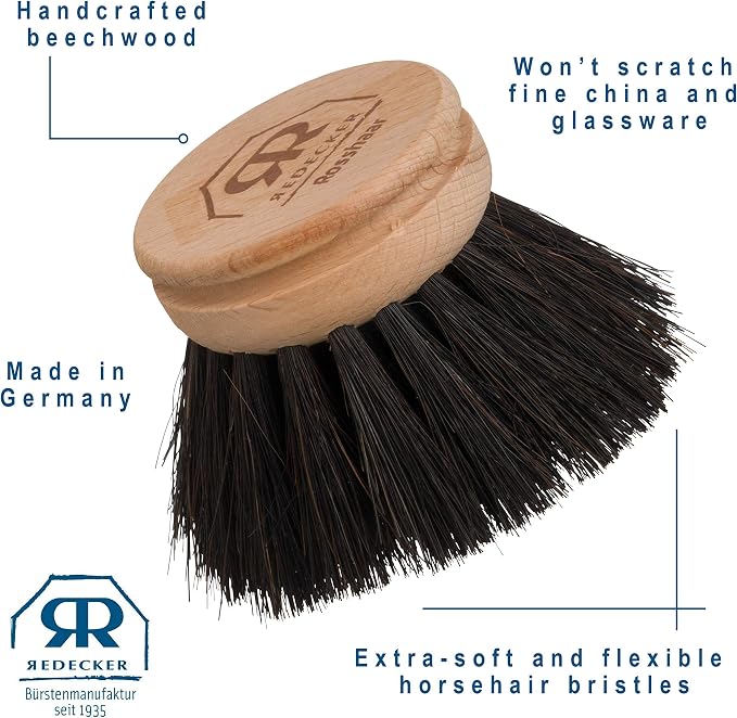 Redecker Dish Brush Replacement Head, Horsehair, 1-1/2 Inch Round – Soft Wooden Brush Head for Delicate Dishwashing, Made in Germany