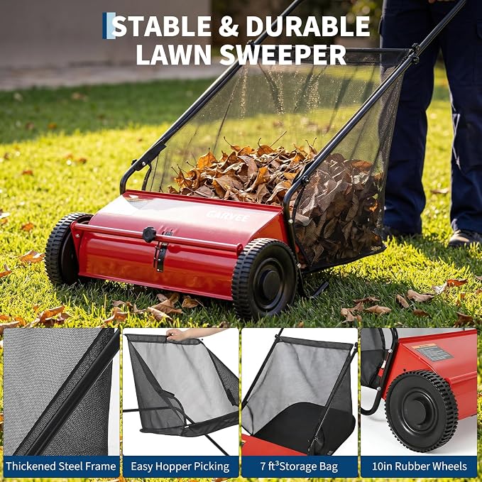 Push Lawn Sweeper 26Inch-Heavy Duty Walk Behind Leaf Collector and Yard Sweeper for Outdoor,Patio,Driveway,Garden Grass Sweepers,4 High Speed Spinning Brush,7 Cu. ft. Hopper Capacity | Yard Sweeper for Outdoor,Patio,Driveway,Garden Grass Sweepers,4 Hig...