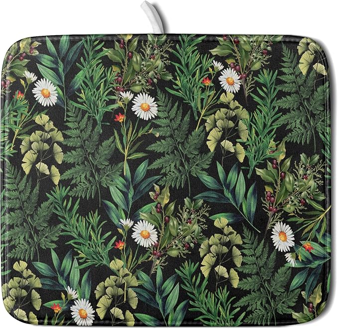 Green Botanical Dish Drying Mat 16x18 Inch Plant Leaf Fast Dry Dish Drainer Rack Mats Absorbent Microfiber Protector for Countertops Sinks