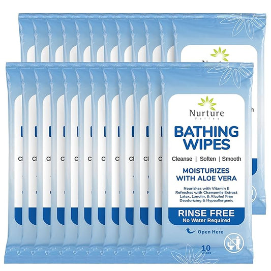 Nurture Rinse Free Bathing Disposable Adult Wipes w/Aloe - Waterless Care | 192 Wipes Waterless Cleansing Disposable Adult Body Bath Wet Wipes for Sensitive Dry Skin Disabled & Bedridden Care Washcloth