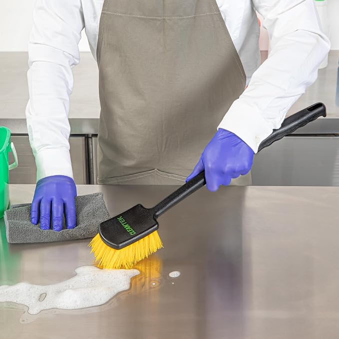 Restaurantware Scrub Brush 4 Count of 20 Inch Long Handled Scrubbing Brush, Ergonomic Design, Stiff Yellow Plastic Bristles, for Commercial Kitchen, Restaurant Or Home