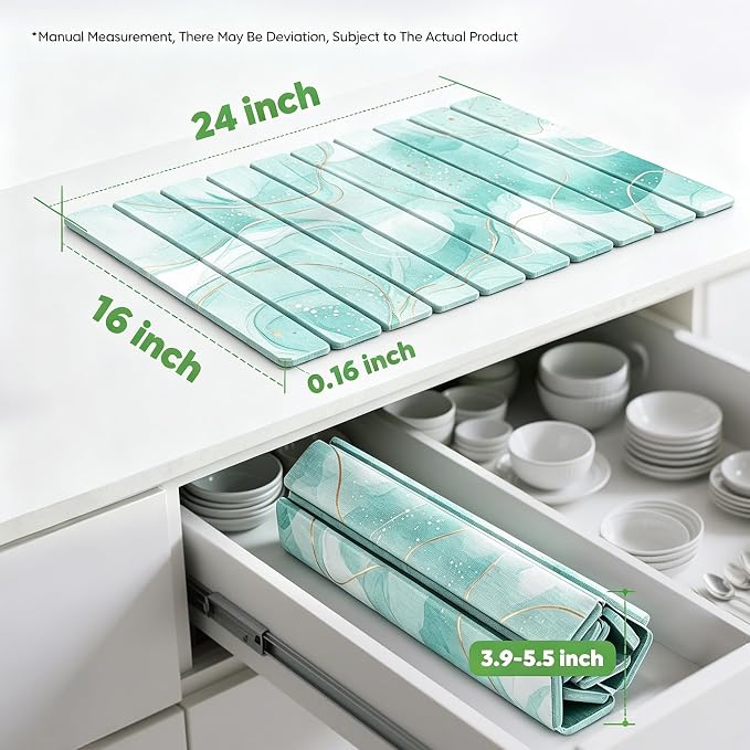 Stone Drying Mat for Kitchen Counter, Quick Diatomaceous Earth Mats for Dishes, 24"L x 16" W Super Absorbent Fast-Drying Collapsible Countertop Stone Mat (Marble White Green-01, 24" x 16")