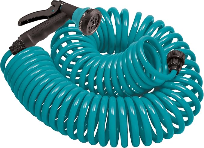 Orbit 26381 Coil Garden Hose, 25 Feet, with 8-Pattern Hose Nozzle (Blue)
